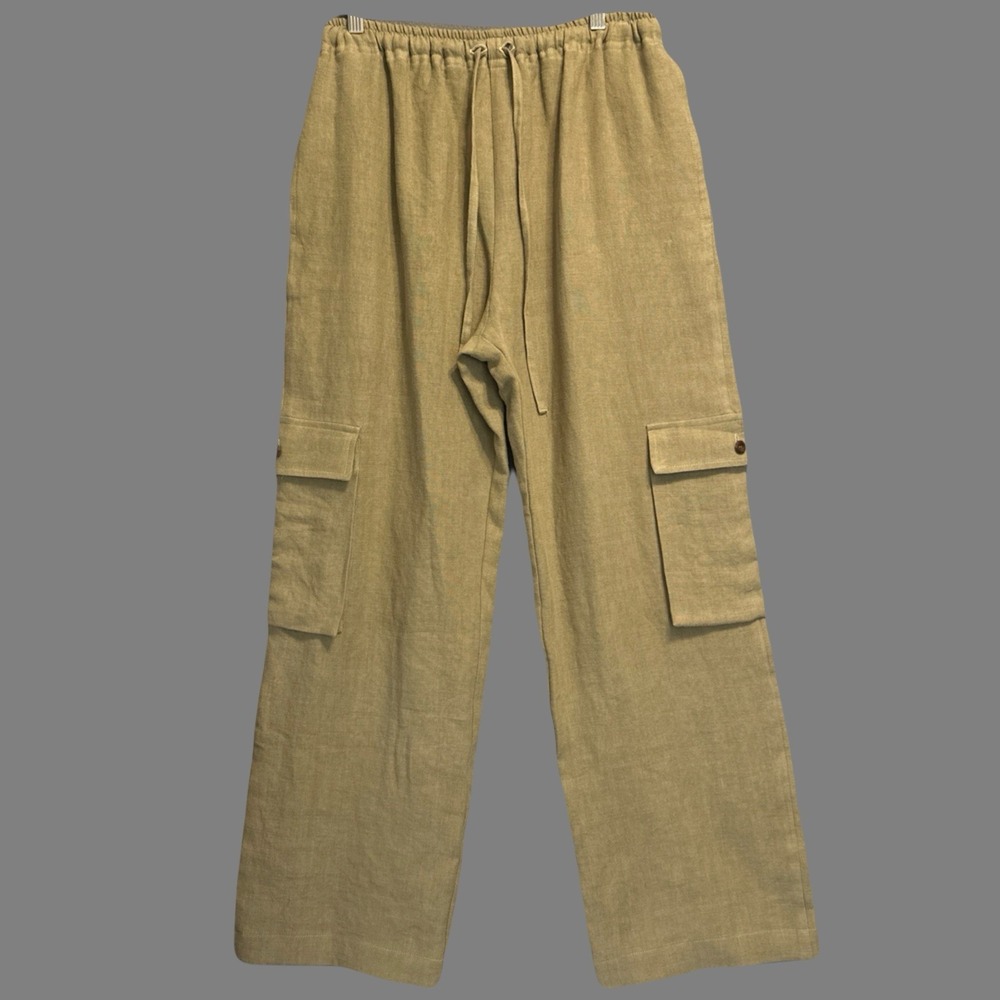 Eskandar 100% Linen Wide Leg Cargo Pants Elastic Waist Size 1 S Green Drawstring